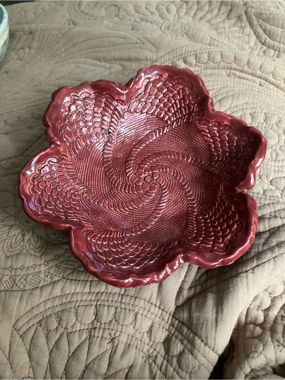 Handcrafted Red Embossed Ceramic Dish - Picture 2 of 7